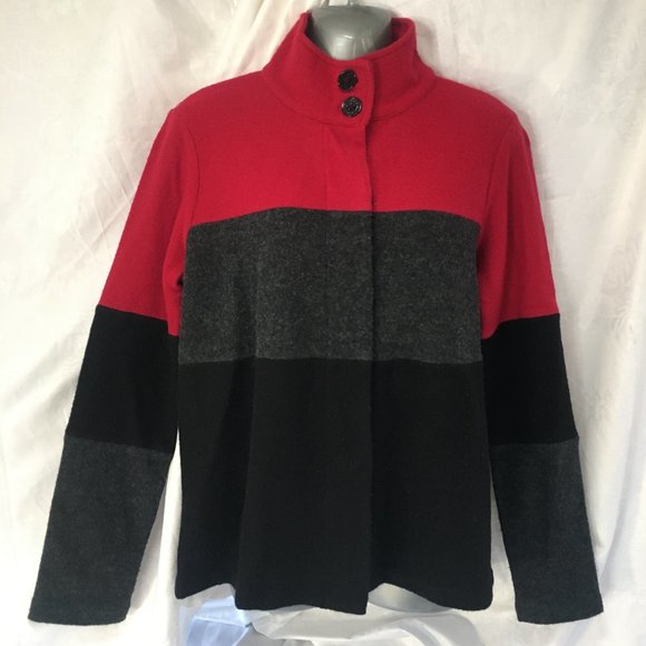 Karl Lagerfeld Jacket Sweater Womens Small Color Block Boiled Wool Black Red - Picture 1 of 15